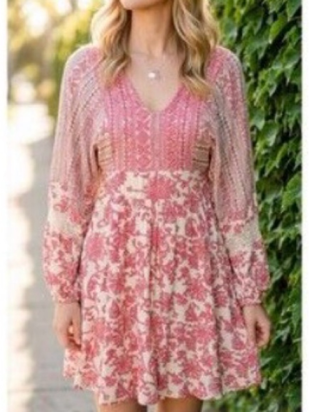 Sincerly Jules Cream Dress with Rose-Red Floral Print and Embroidered Yoke